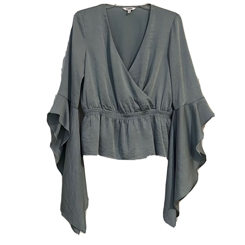 Express Sage Green Blouse Surplice Elastic Waist Cascading Split Bell Slee…